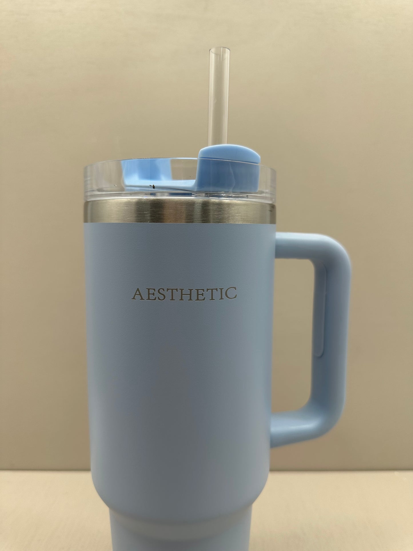Aesthetic  baby bleu Thermobeker met Handvat en Rietje
