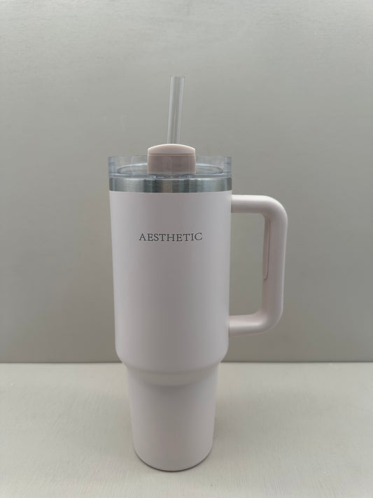 Aesthetic baby pink Thermobeker met Handvat en Rietje