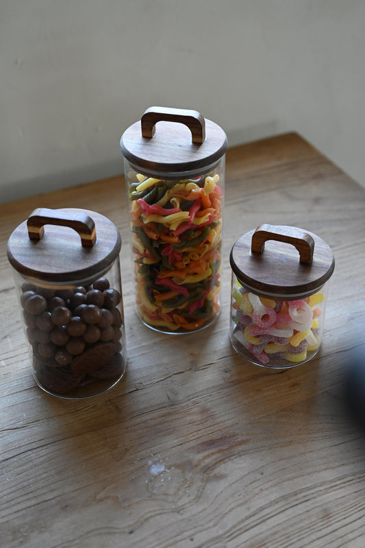 Minimalistische Glazen Voorraadpot met Houten Handgreep 1250cc
