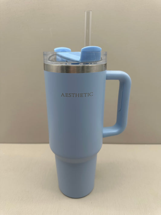 Aesthetic  baby bleu Thermobeker met Handvat en Rietje