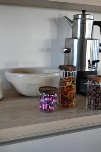 Voorraadpot groveglass long - Acacia Deksel 1000cc